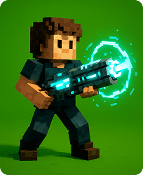 Character holding a glowing high-tech weapon
